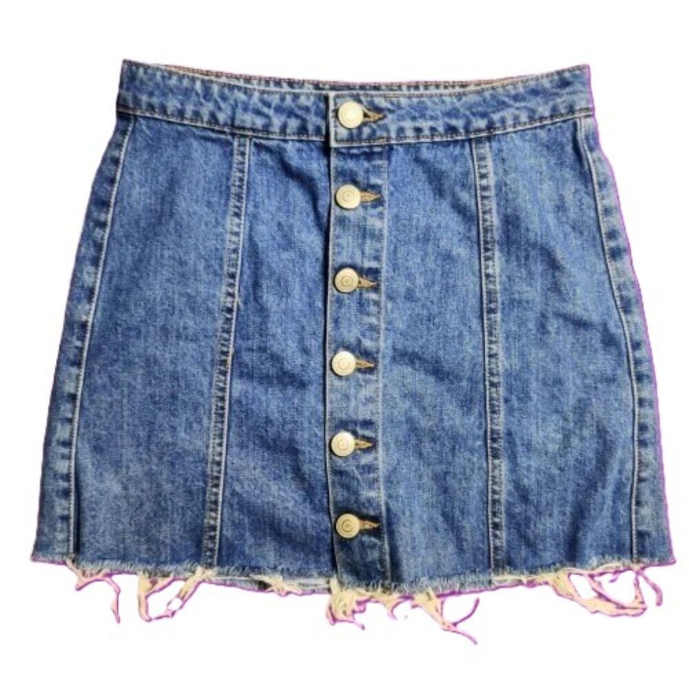 Aeropostale AERO High Rise Denim Mini Skirt Button Front Raw Hem Womens 0